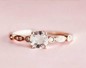 5mm Round Shaped Natural Pink Morganite Ring Wedding Ring Diamonds Engagement Ring Solid 14K Rose Gold Bridal Ring Gemstone Ring