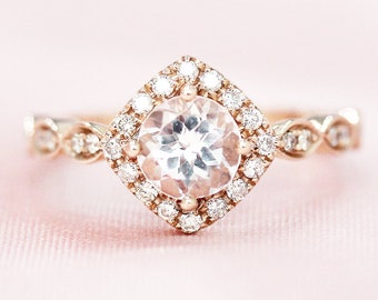 Engagement Ring 6mm Round Shaped Natural Morganite Ring Light Pink Morganite 14K Rose Gold Ring Wedding Ring Diamond Ring Anniversary Gift