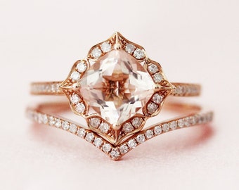 Vintage Ring Set  7mm Cushion Cut Natural Morganite Ring Set Halo Diamonds Ring Solid 14K Rose Gold Ring Set Bridal Ring Engagement Ring