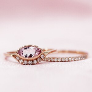 Marquise Cut Morganite Ring 4X8mm Pink Gem Ring Set Diamond Ring Set Solid 14K Rose Gold Wedding Ring Set Engagement Ring Set Bridal Ring