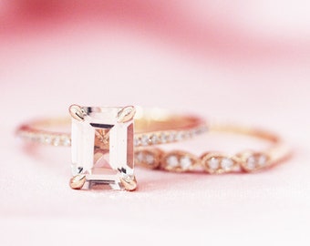 6x8mm Natural Light Pink VS Morganite Ring Engagement Ring Half Eternity Ring Band Solid 14K Rose Gold Ring Set Bridal Set Promise Ring