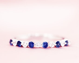 Moissanite & Sapphire Ring Blue Gem Ring 14K White Ring Half Eternity Ring Stackable Ring Matching Band Wedding Ring Engagement Ring