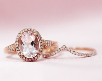 Natural Pink VS Morganite Ring 7x9mm Oval Shaped Morganite Engagement Ring Set Diamonds Ring Set Solid 14K Rose Gold Wedding Ring Set