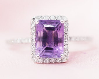6mmx8mm Emerald Cut Natural Amethyst Ring Birthstonne Ring Diamond Ring Solid 14K White Gold Wedding Ring Engagement Ring Bridal Ring