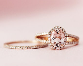 Anillo de oro rosa 14K conjunto 7x9mm corte ovalado natural Morganita anillo conjunto halo anillo media eternidad diamantes anillo de boda anillo de aniversario anillo de aniversario