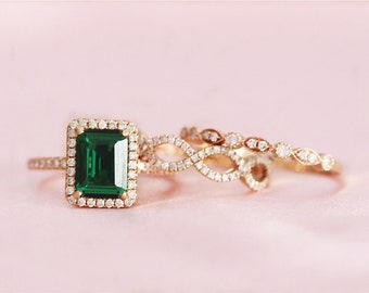7x9mm Emerald Cut Treated Emerald Engagement 3PCS Ring Set Halo Diamonds Ring Gemstone Ring Set Birthday Gift Engagement Wedding Ring Set