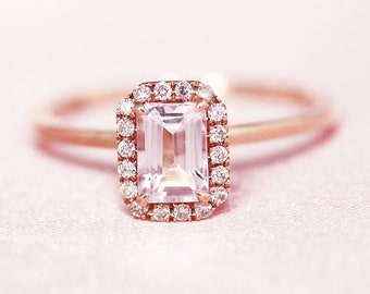 Morganite Engagement Ring Emerald Cut Natural Morganite Ring Diamonds Halo Ring Solid 14K Rose Gold Wedding Ring Promise Ring Bridal Ring