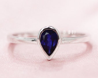 Septiembre Birthstone 4x6mm pear corte azul oscuro zafiro anillo sólido 14K oro blanco boda anillo de compromiso anillo nupcial cumpleaños regalo de cumpleaños