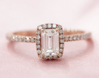 4mmx6mm anillo de boda de corte esmeralda C&C Forever clásico Moissanite anillo sólido 14K anillo de oro rosa anillo de compromiso anillo de compromiso anillo de aniversario