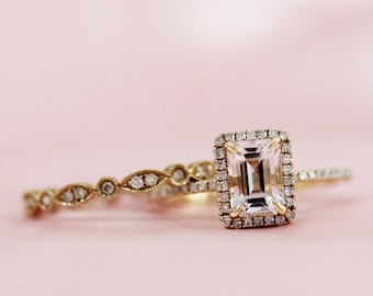 5x7mm corte esmeralda natural Morganita anillo conjunto sólido 14K anillo de oro amarillo conjunto diamantes anillo anillo novia anillo aniversario anillo aniversario