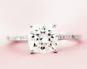 7.5mm cojín talla C&C para siempre clásico moissanite anillo sólido 14K oro blanco anillo de compromiso anillo de boda anillo de boda anillo de la promesa