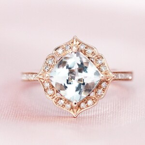 7mm Natural VS Blue Aquamarine Ring Cushion Shaped Wedding Ring Diamonds Ring Solid 14K Rose Gold Ring Engagement Ring March Birthday Gift