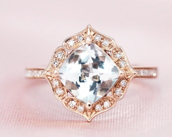 7mm natural VS azul aguamarina anillo cojín en forma de plata anillo de boda diamantes anillo sólido 14K anillo de oro rosa anillo de compromiso marzo regalo de cumpleaños