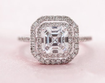 Anillo de oro blanco 14K 6.5mm Asscher corte Moissanite anillo C&C Forever clásico Anillo Moissante doble halo diamante acento anillo aniversario anillo