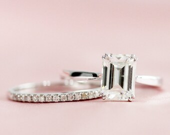 Charles&Colvard Forever Classic Moissanite Ring Set 7x9mm Emerald Cut 14K White Gold Ring Set Half Eternity Diamond Match Band Bridal Ring