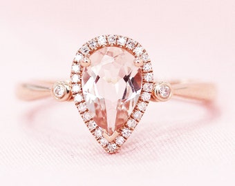 Pear corte 6x9mm natural rosa VS Morganita anillo de boda diamante anillo de acento sólido 14K oro rosa anillo apilable anillo nupcial