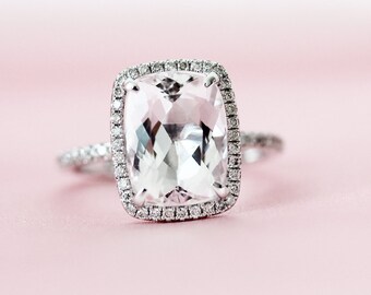 7 * 9mm natural melocotón rosa VS Morganita compromiso anillo de diseño de anillo de anillo de diamantes anillo sólido 14K oro blanco aniversario aniversario anillo promesa