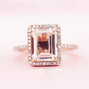 Vintage Item Natural Pink Emerald Cut Morganite Ring Diamond Halo Ring 14K Rose Gold Wedding Ring Half Eternity Engagement Ring Promise Ring