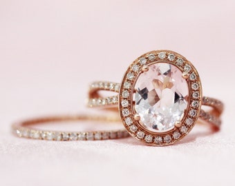 7X9mm Oval Cut Natural Morganite Ring Diamond Ring Set Halo Ring 14K Rose Gold Wedding Ring Set Engagement Ring Bridal Ring Promise Ring
