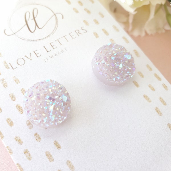 Frosted lilac iridescent faux druzy silicone plastic post metal free stud earring for sensitive ears