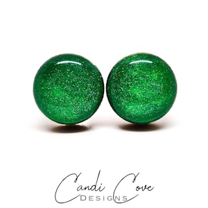 Emerald Shimmer Stud Earrings | 10 mm Wood & Resin Earring | Green Dot Earrings | Girl Women Gift | Stainless Steel Posts for Sensitive ears