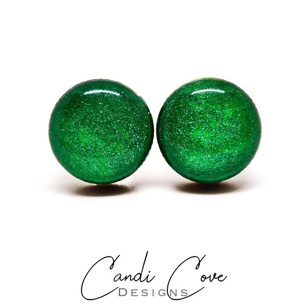 Emerald Shimmer Stud Earrings | 10 mm Wood & Resin Earring | Green Dot Earrings | Girl Women Gift | Stainless Steel Posts for Sensitive ears