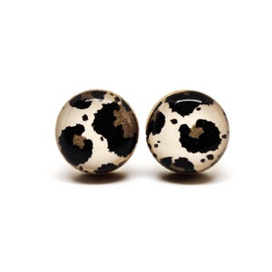 Black and Gray Leopard Stud Earrings | Black Animal Print Earrings Neutral Stud Earrings | Round Studs Boho Earrings | Animal Print Jewelry