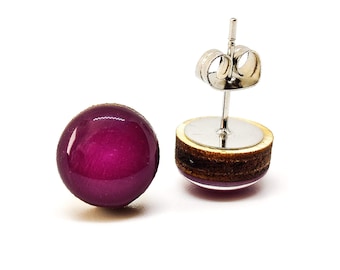Ciruela Púrpura Stud Pendientes / Pendientes de madera y resina de 10 mm Hipoalergénico / Minimalista Simple Pequeño / Regalo de niña / Postes para orejas sensibles