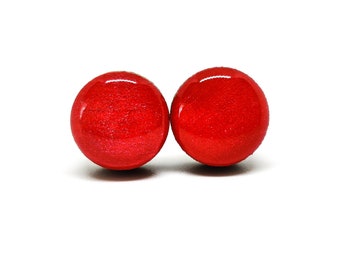Red Shimmer Stud Earrings | 10 mm Wood & Resin Earrings | Red Dot Stud Earrings | Women Gift | Stainless Steel Posts for Sensitive ears