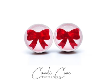 Sparkly Red Bow Earrings | 10 mm Wood & Resin Earrings | Minimalist Simple Small | Girl Gift Women Gift | Steel Posts for Sensitive ears