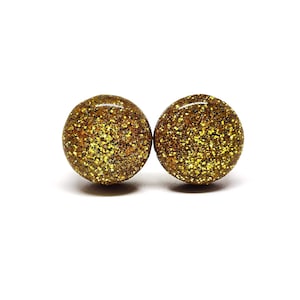 Gold Sparkle Stud Earrings | 10 mm Wood & Resin Earrings | Sparkly Dot Stud Earrings | Girl Gift Women Gift | Steel Posts for Sensitive ears