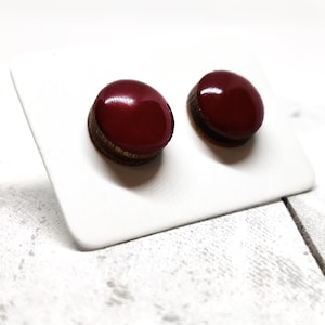 Burgundy Stud Earrings | 10 mm Wood & Resin Earrings | Maroon Dot Stud Earrings | Round Stud Earrings | Stainless Steel for Sensitive ears
