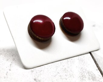 Burgundy Stud Earrings | 10 mm Wood & Resin Earrings | Maroon Dot Stud Earrings | Round Stud Earrings | Stainless Steel for Sensitive ears