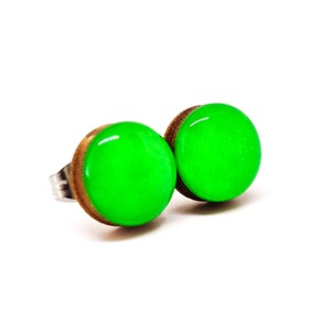 Op de afbeelding: Een paar felgroene oorstekers. Elke oorbel heeft een ronde, glanzende groene bovenkant op een houten basis. De oorbellen hebben een roestvrijstalen pin en staan tegen een witte achtergrond.
