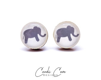 Elephant Stud Earrings | 10 mm Wood & Resin Earrings | Minimalist Simple Small | Girl Gift Women Gift | Steel Posts for Sensitive ears