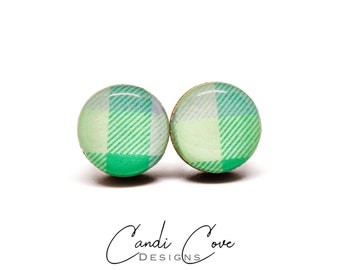 Mint Plaid Stud Earrings | 10 mm Wood & Resin Earrings | Mint Dot Studs | Girl Gift Women Gift | Stainless Steel Posts for Sensitive ears