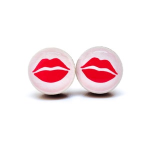 Red Kiss Lips Stud Earrings | 10 mm Wood & Resin Earrings Hypoallergenic | Minimalist Simple Small | Girl Gift | Valentines Candy Earrings