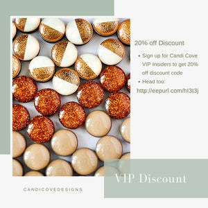 vip discount for candi cove designs stud earrings. 20 percent off discount if you sign up for candi cove designs vip insiders head to http://eepurl.com/hl3l3j terracotta sparkle studs, ivory and rose gold hammered metal studs and driftwood studs