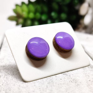 Lavender Purple Stud Earrings | 10 mm Wood & Resin Earrings | Lilac Dot Studs | Girl Gift Women Gift | Steel Posts for Sensitive ears