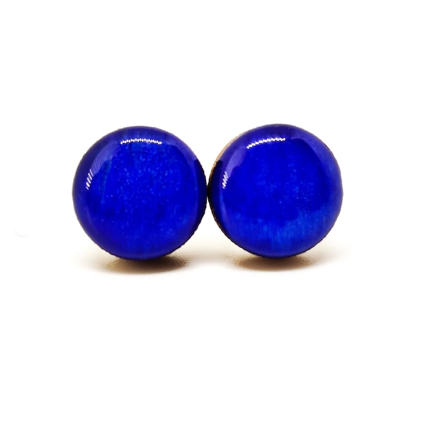 Royal Blue Stud Earrings | 10 mm Wood & Resin Earrings | Minimalist Simple Small | Girl Gift Women Gift | Steel Posts for Sensitive ears