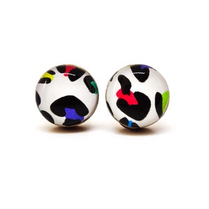 Neon Cheetah Stud Earrings | 90s Stud Earrings | Girls Gift Circle Earrings | Cat Lover Gift | Animal Earrings Leopard Studs Wood Earrings