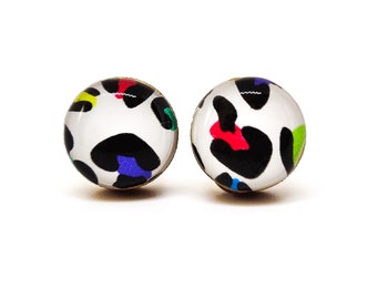 Neon Cheetah Stud Earrings | 90s Stud Earrings | Girls Gift Circle Earrings | Cat Lover Gift | Animal Earrings Leopard Studs Wood Earrings