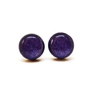 Purple Shimmer Stud Earrings | 10 mm Wood & Resin Earrings | Minimalist Simple Small | Girl Gift Women Gift | Steel Posts for Sensitive ears