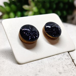 Black Sparkle Stud Earrings | 10 mm Wood & Resin Earrings | Black Glitter Dot Earrings | Sparkly Black Earrings | Posts for Sensitive ears