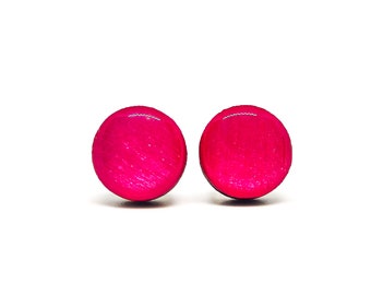 Hot Pink Shimmer Stud Earrings | 10 mm Wood & Resin Earrings | Small Color Dot Studs | Stainless Steel Posts for Sensitive ears