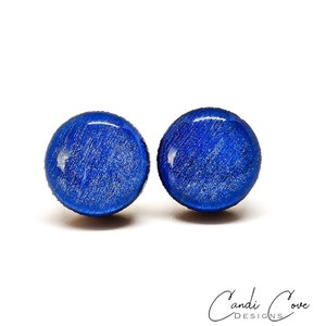 Ocean Blue Shimmer Stud Earrings | 10 mm Wood & Resin Earrings | Minimalist Simple Small | Girl Gift Women Gift | Posts for Sensitive ears