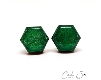 Emerald Hexagon Earrings | Color Dot Stud Earrings | Resin Earrings | Green Hexagon Studs | Small Studs | Colorful Earrings | Circle Studs
