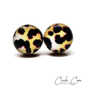 Cheetah Print Stud Earrings Black and Tan | 10 mm Wood & Resin | Large Cheetah Studs | Round Studs Dot Stud | Steel Posts for Sensitive ears