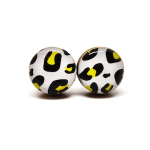 Black and Gold Cheetah Print Stud Earrings | 10 mm Wood & Resin Earring | Leopard Dot | Large Cheetah Studs | Steel Posts for Sensitive