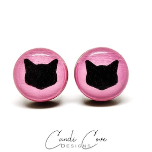 Black Cat Pink Stud Earrings | 10 mm Wood & Resin Earrings | Kitty Cat Dot Studs | Cat Studs for Girls | Stainless Steel for Sensitive ears